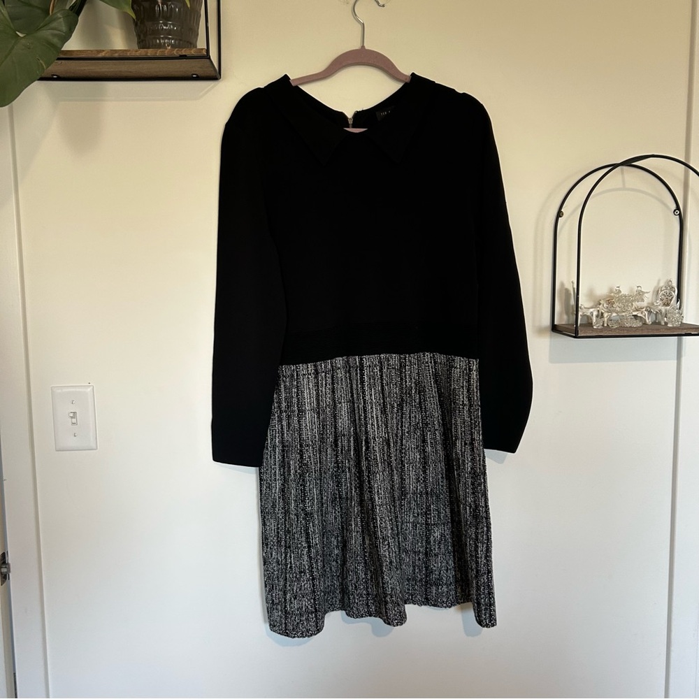 Ted Baker Leanno Black White Long Sleeve Collared‎ Tweed Skirt Knee Length Dress